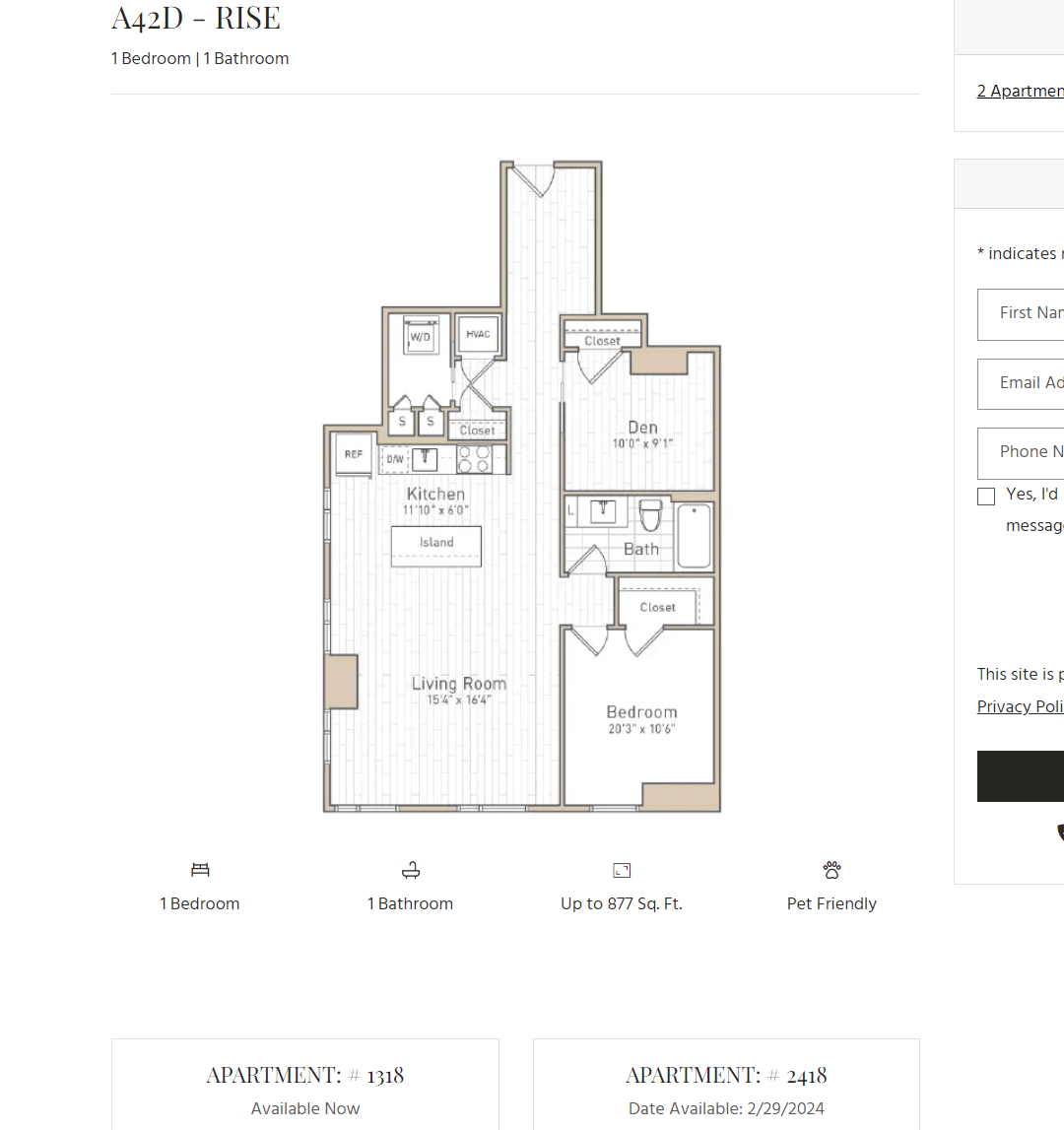 Floor plan for 1 bed, 1 bath, 877 sqft